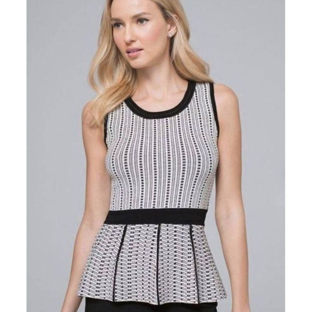 White House Black Market Stretch Crochet Peplum Knit Top Size Medium Black White